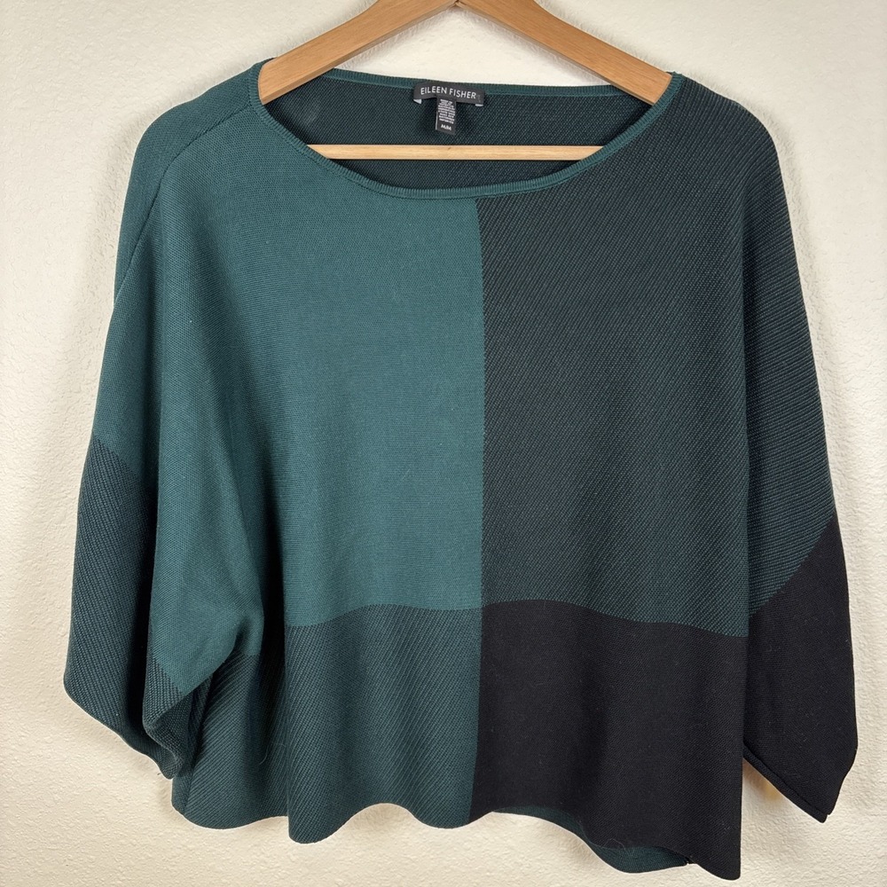 Eileen Fisher Sweater Colorblock Green Black Bateau Neckline 3/4 Sleeve US Med